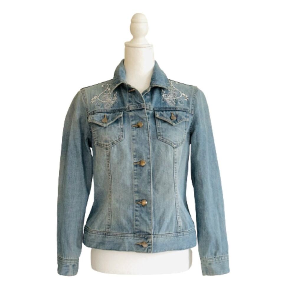 Coldwater Creek Jean Jacket Light Wash Distressed White Embroidered Denim 4P